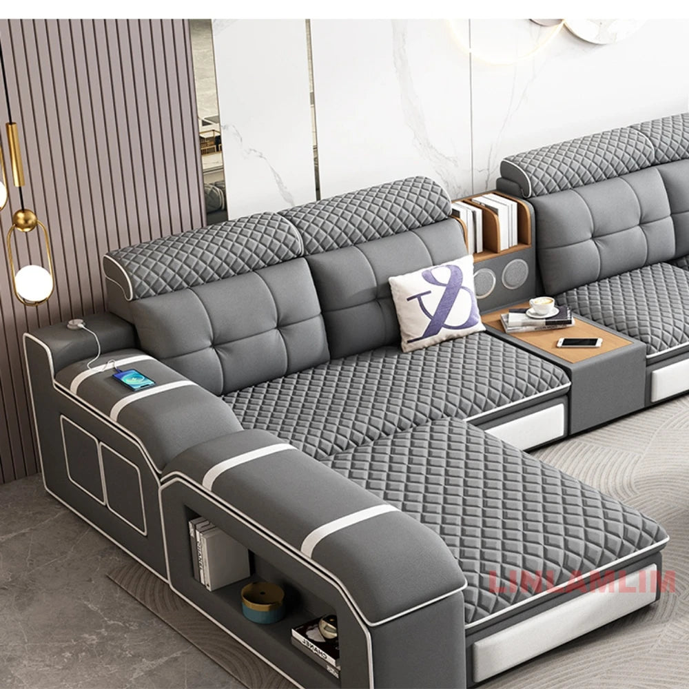 MANBAS Modern U-Shaped Fabric Sectional Sofa with Storage, Adjustable Headrests & USB Charging - Comfortable Quilted Upholstery