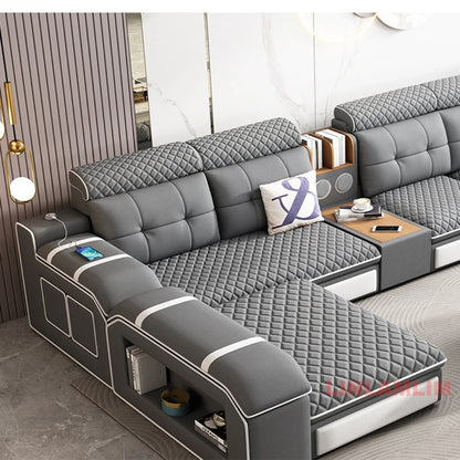 MANBAS Modern U-Shaped Fabric Sectional Sofa with Storage, Adjustable Headrests & USB Charging - Comfortable Quilted Upholstery