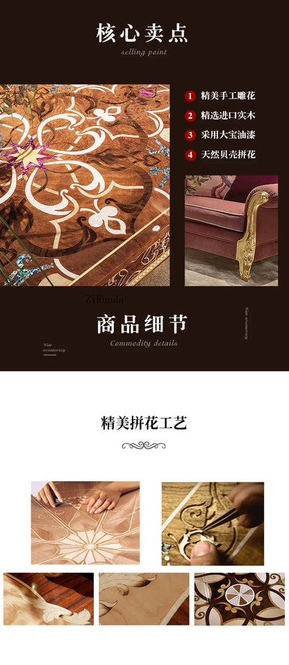 European luxury solid wood carving flower sofa French parquet fabric sofa coffee table combination