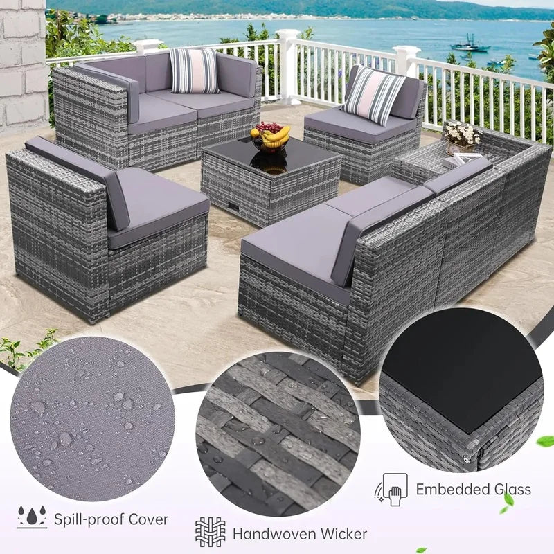 8-Piece Wicker Patio Sectional Set with Glass Top Table and Hidden Storage, Grey Rattan with Light Grey Cushions