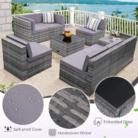 8-Piece Wicker Patio Sectional Set with Glass Top Table and Hidden Storage, Grey Rattan with Light Grey Cushions