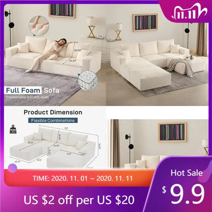 beige 113" sectional cloud boneless sofa, 3 seater u-shaped modern modular lounge couch for living room, no assembly required