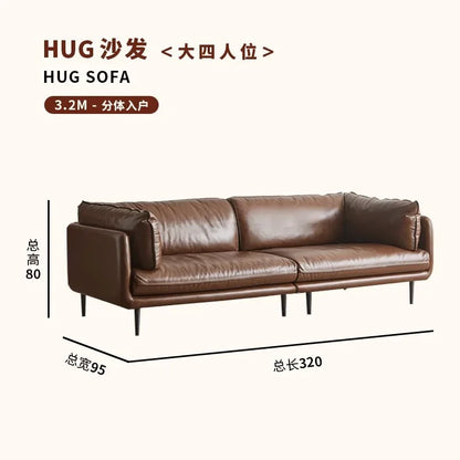 Retro oil wax leather sofa down large living room Nordic simple medium and ancient style straight row leather art sofa