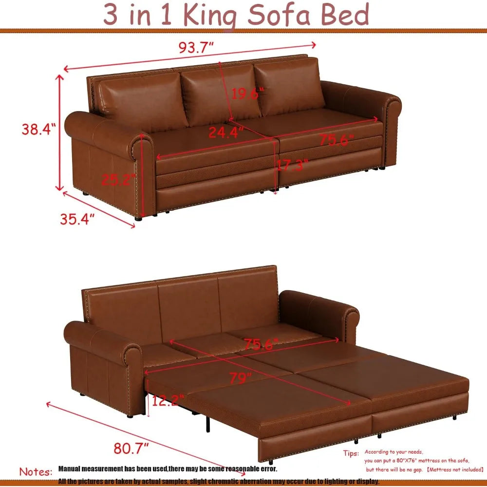 King Size 3 Seater Light Brown Leather Sleeper Sofa with Pull Out Bed and 3-in-1 Convertible Features