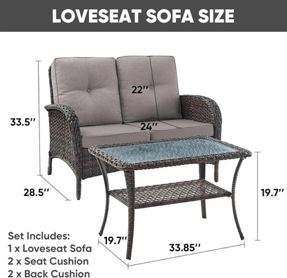 Light Beige Blue 2Piece Outdoor Wicker Loveseat and Coffee Table Set for Patio Porch Deck and Balcony Durable WeatherResistant