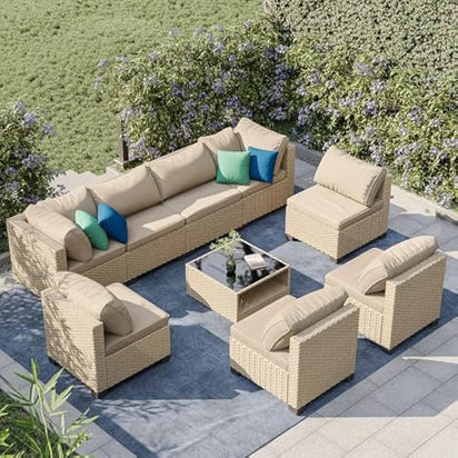 Outdoor Conversation Set Sectional Sofa with Water Resistant Beige Thick Cushions and Storage Table,9-Piece Patio Furniture Set