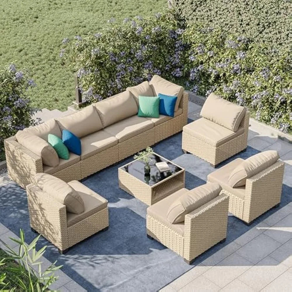 Outdoor Conversation Set Sectional Sofa with Water Resistant Beige Thick Cushions and Storage Table,9-Piece Patio Furniture Set
