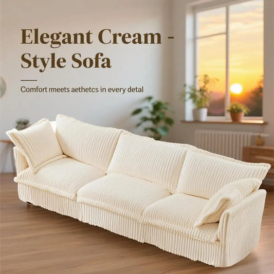 Comfortable modern three seater sofa with soft armrests, deep seated sofa with multiple soft large pillows