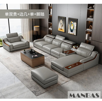 Stylish Italian Genuine Leather Sofa for Living Room with Cup Holder, USB, Adjustable Headrests & Bluetooth Speaker - Linlamlim