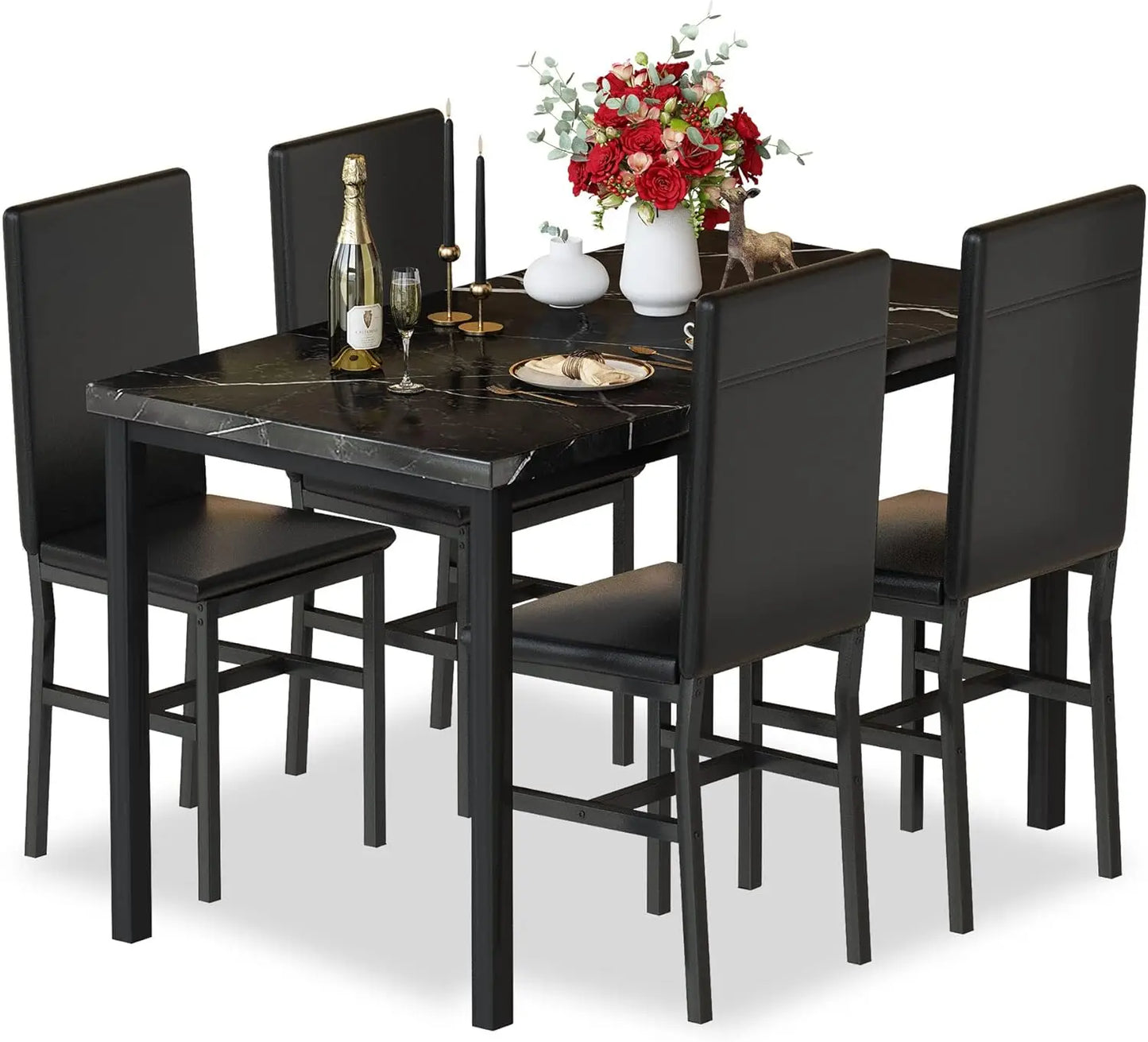 4-piece Dining Table and Chair Set, 5-piece Modern Dining Room Dining Table Set with Faux Marble Top and PU Leather Chairs