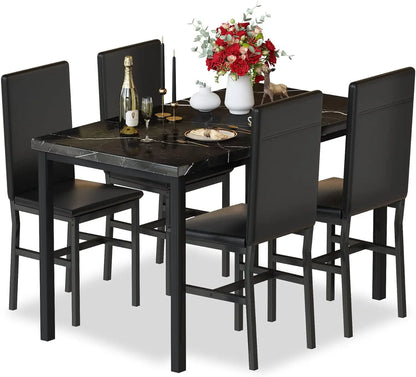 4-piece Dining Table and Chair Set, 5-piece Modern Dining Room Dining Table Set with Faux Marble Top and PU Leather Chairs