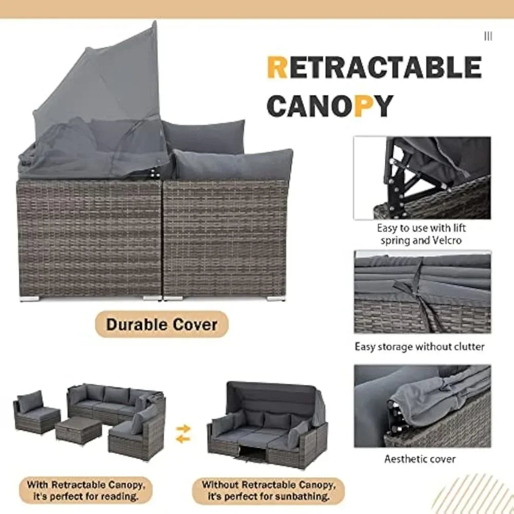 Y 6 Pieces Patio Furniture Sets, Rattan Daybed with Retractable Canopy, Outdoor Sectional Sofa Set with Adjustable Backrest