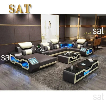 Modern LED Lighted Sofa Set with Recliner, Adjustable Headrest & Console | Luxury Leather Sectional Couch | Futuristic Furniture