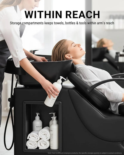 Shampoo Bowl and Chair Set for Salon, Hair Washing Station for Hair Stylist, ABS Shampoo Bowl Sink Chair with Side Store Compart