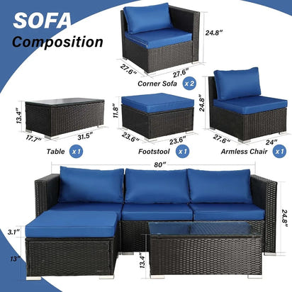5-Piece Modern Blue PE Rattan Patio Furniture Set, Outdoor Living Room Sets, Patio Furniture