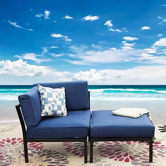 2 Piece Patio Furniture Set Sectional Balcony Corner Outdoor Loveseat Couch Armchiar Sofa with Ottoman Metal Steel Frame, Khaki