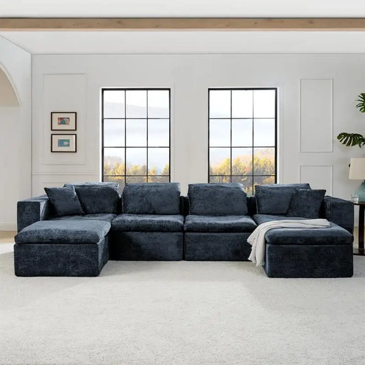 143 Inch U-Shaped Modular Sectional Sofa with Comfy Chaise, Deep Seat for Living Room, No Assembly Required, Blue