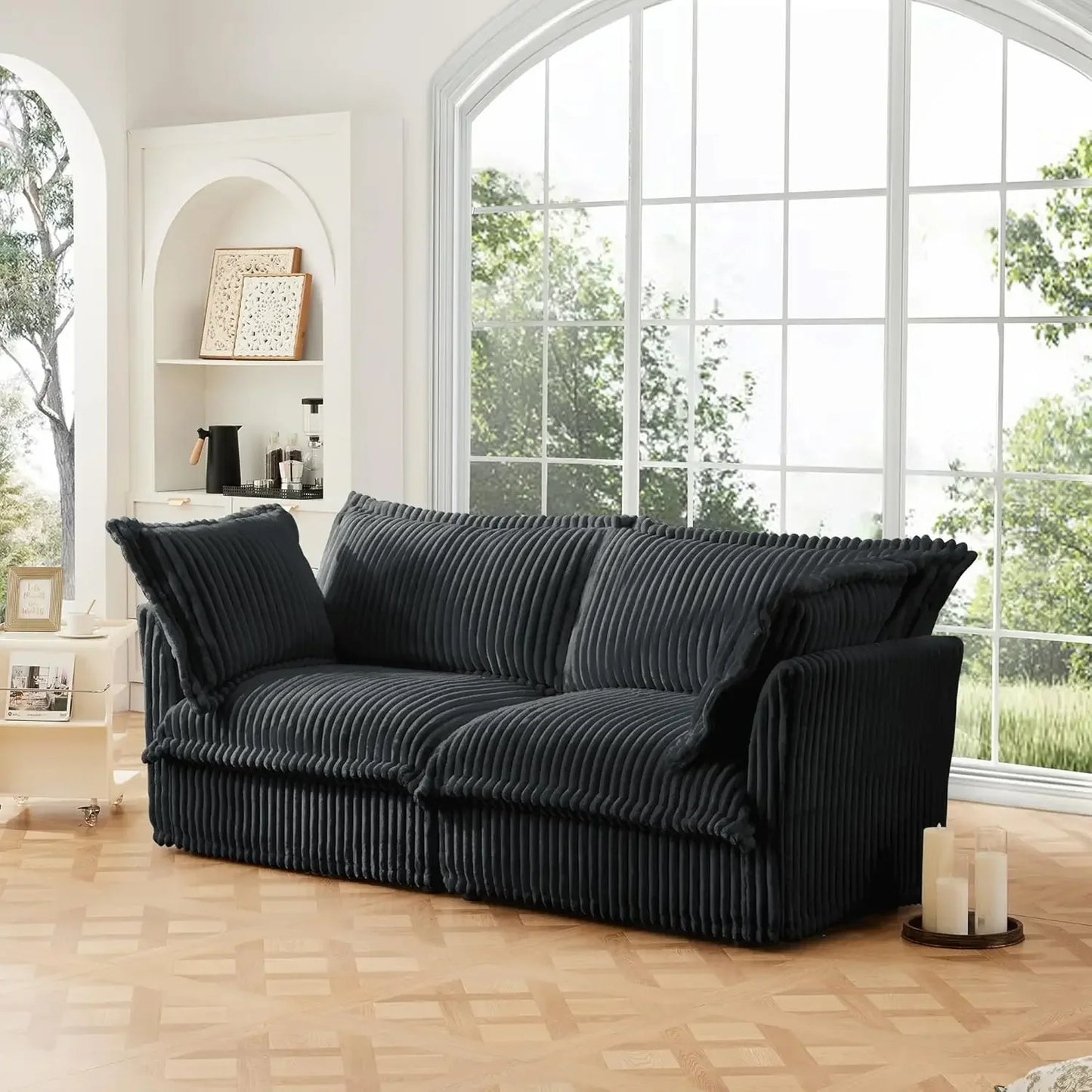 Comfortable modern three seater sofa with soft armrests, deep seated sofa with multiple soft large pillows