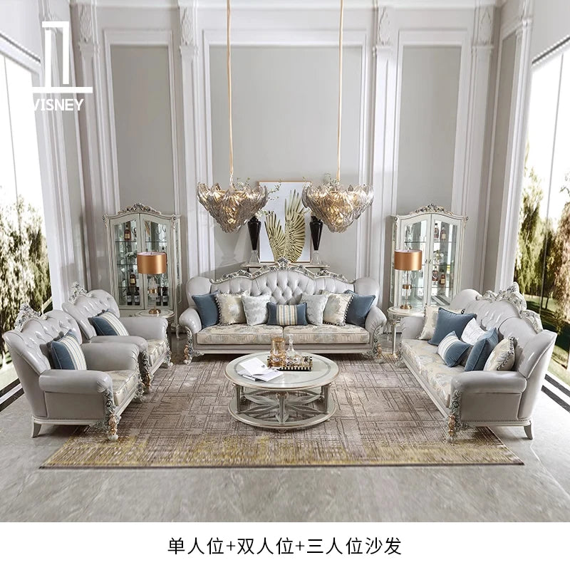 French light luxury living room large apartment first layer cowhide European solid wood carving flower three sofa combination