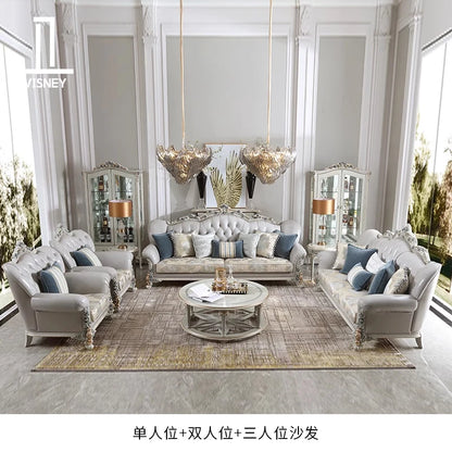 French light luxury living room large apartment first layer cowhide European solid wood carving flower three sofa combination