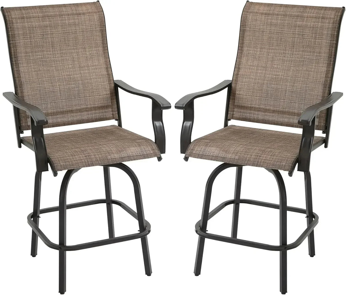 Set of 2 Outdoor Swivel Bar Stools with Armrests, Bar Height Patio Chairs with Steel Frame for Balcony, Poolside, Backyard