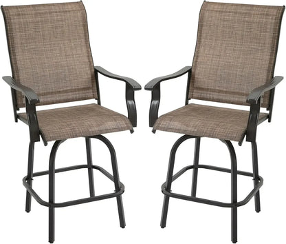 Set of 2 Outdoor Swivel Bar Stools with Armrests, Bar Height Patio Chairs with Steel Frame for Balcony, Poolside, Backyard