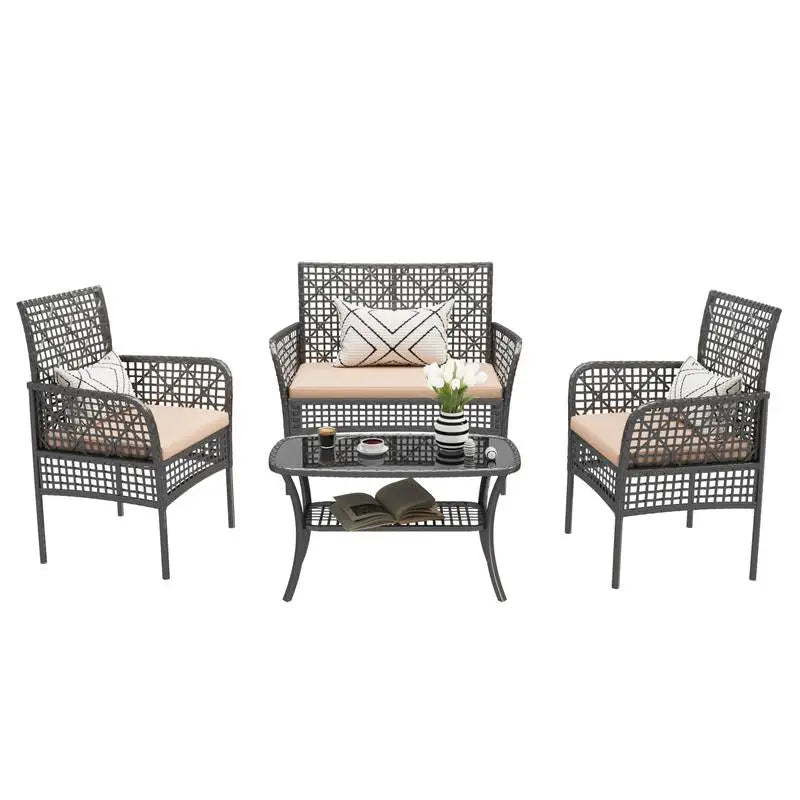 4-Piece Outdoor Patio Furniture Set, PE Rattan Wicker Garden Chairs with Tempered Glass Table & Soft Cushions for Backyard,