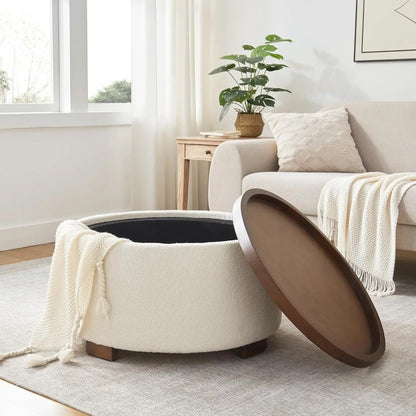 30 Inch Round Storage Ottoman Coffee Table, Modern Boucle with Lift-Off Lid & Solid Wood Legs, Beige