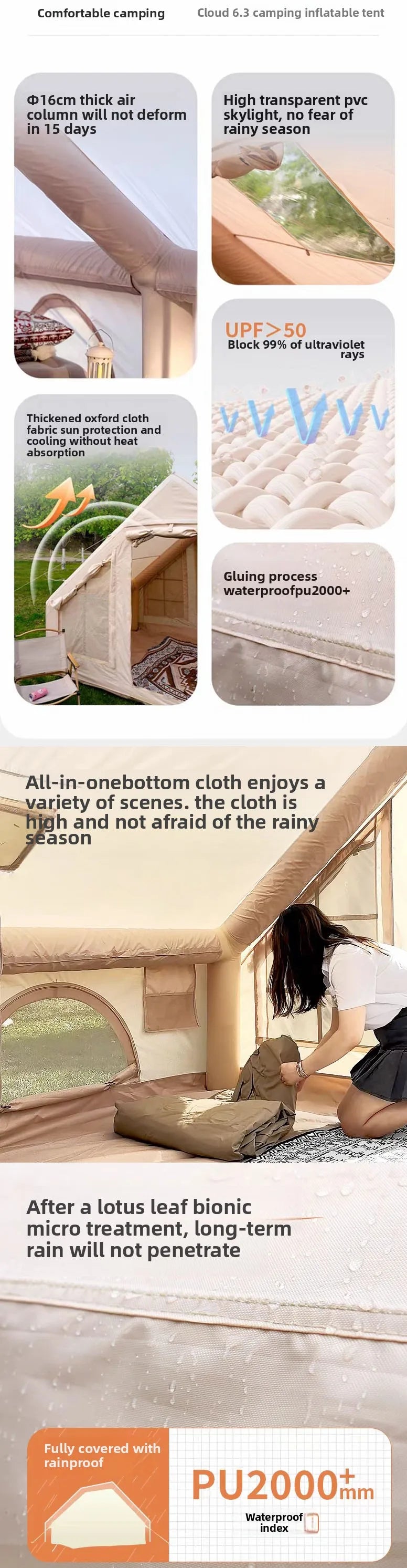 Inflatable tent camping for 1-6 people, hand pump inflation large tent, with skylight and chimney waterproof oxford cloth all
