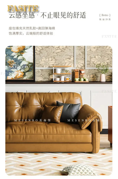 Oil wax leather sofa, French retro style, large and small apartment, living room straight combination