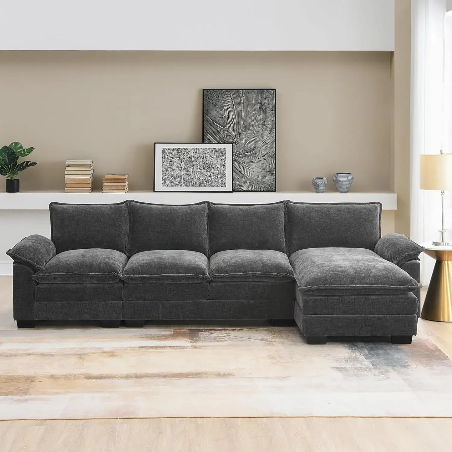 SAT Convertible Sectional Sofa, Modern Chenille Fabric L Shaped Living Room Furniture Set, 5 Seat Sofa with Chaise & Deep Seat