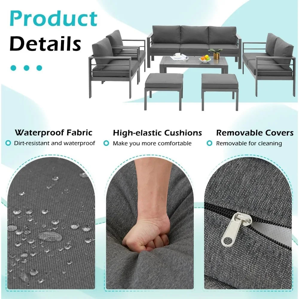 Aluminium modern patio furniture with coffee table, 7-piece outdoor conversation set, dark grey cushions, suitable for balcony