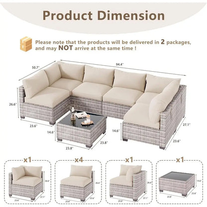 7-Piece Outdoor Patio Furniture Set, Sectional Sofa, Wicker Rattan, with Coffee Table and Cushions