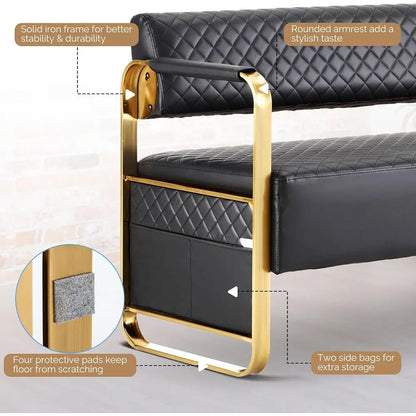 Upholstered Waiting Room Chairs with Arms, 57.5 Office Bench Seating for Various Settings, Black & Gold