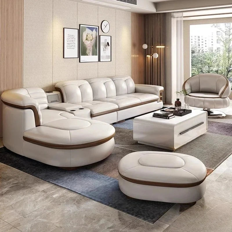 Luxury L-Shaped Genuine Leather Sectional Sofa Sets with USB, Bluetooth Speaker - MINGDIBAO Living Room Italian Leather Couches