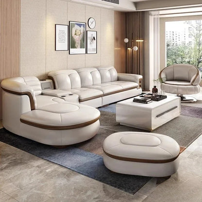 Luxury L-Shaped Genuine Leather Sectional Sofa Sets with USB, Bluetooth Speaker - MINGDIBAO Living Room Italian Leather Couches