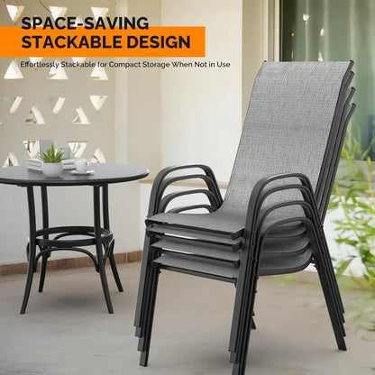 Patio Chairs Set of 8 – Stackable Outdoor Dining Chairs with Comfortable Sling High Back Chairs and Armrests for Lawn, Poolside