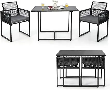 3 Pieces Outdoor Dining Set, Patio PE Rattan Furniture Set with Folding Backrest, Cozy Seat Cushions, Tempered Glass