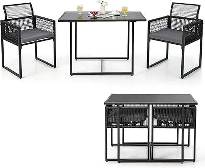 3 Pieces Outdoor Dining Set, Patio PE Rattan Furniture Set with Folding Backrest, Cozy Seat Cushions, Tempered Glass