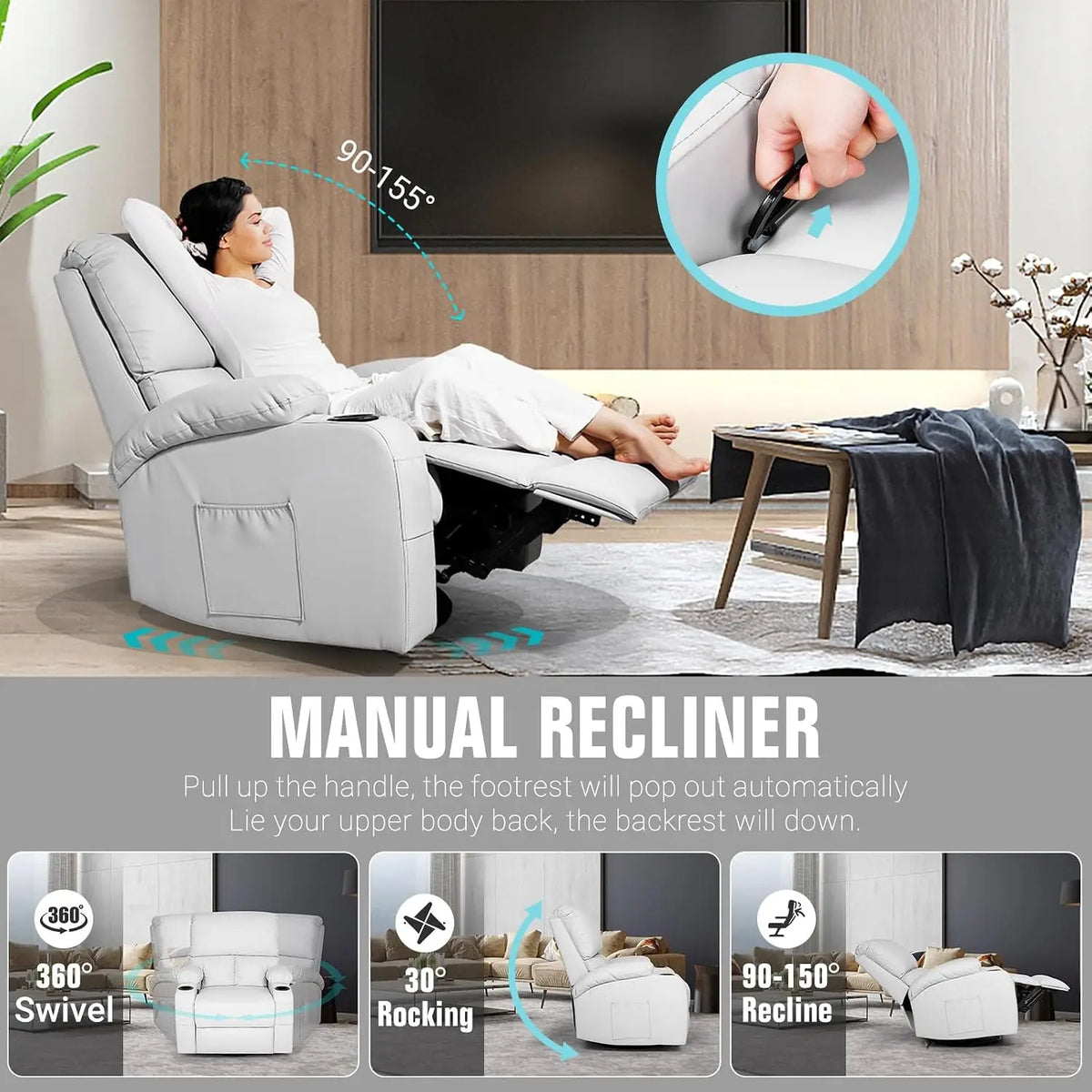 Swivel Rocker Recliner Chair with Massage Heat USB Charging Grey