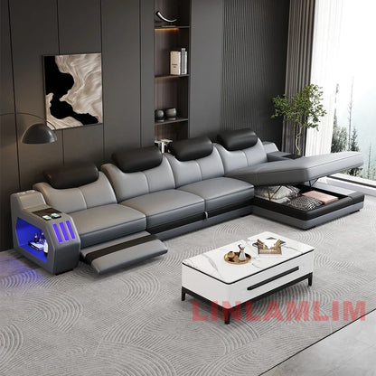 Modern Genuine Leather Massage Sectional Sofa Bed with Adjustable Headrests & LED Lights, Recliner Couch Set with Storage & USB