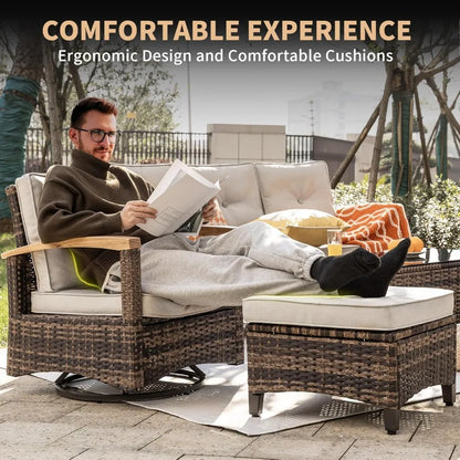 7 Pieces Patio Furniture Set with 44” Fire Pit Table Wicker Rattan Sectional Conversation Set with Coffee Table and 4”