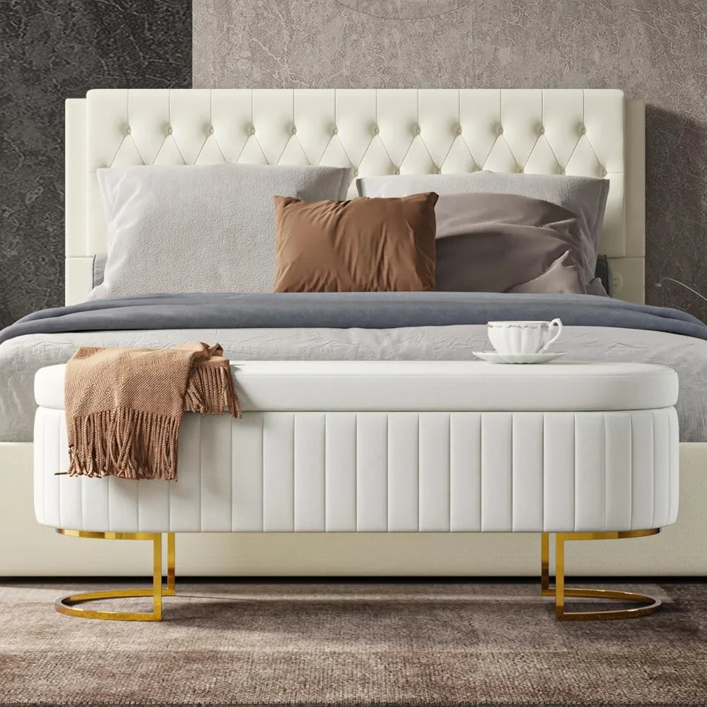 50" Storage Ottoman Bench with 2 Additional Ottomans, End of Bed Bench Bedroom Bench, Upholstered Velvet Long Window Bench with