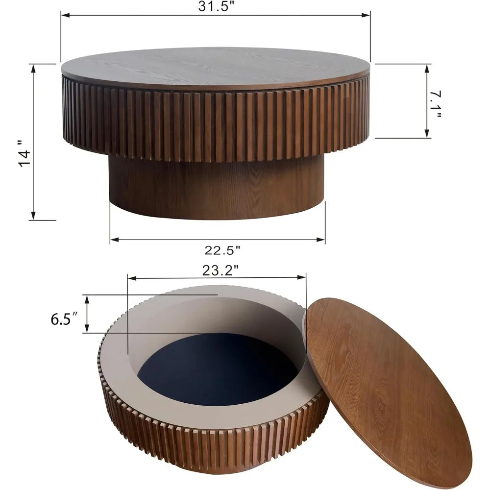 31.5 Round Coffee Table with Hidden Storage, Solid Wood Drum Coffee Table Tea Table for Living Room, Bedroom, Apartment or Offic