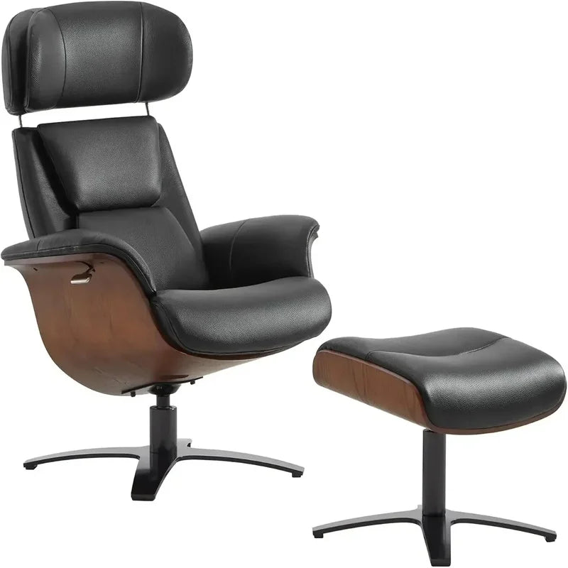 Leather Reclining Swivel Chair with Adjustable Headrest and Ottoman for Living Room, Saddle Color, Arm Rest, Cushion Included