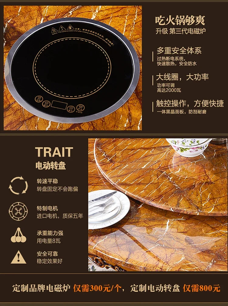 A55 European dining table andchairs American marble round table with turntable solid wood carving flower luxury champagne gold r