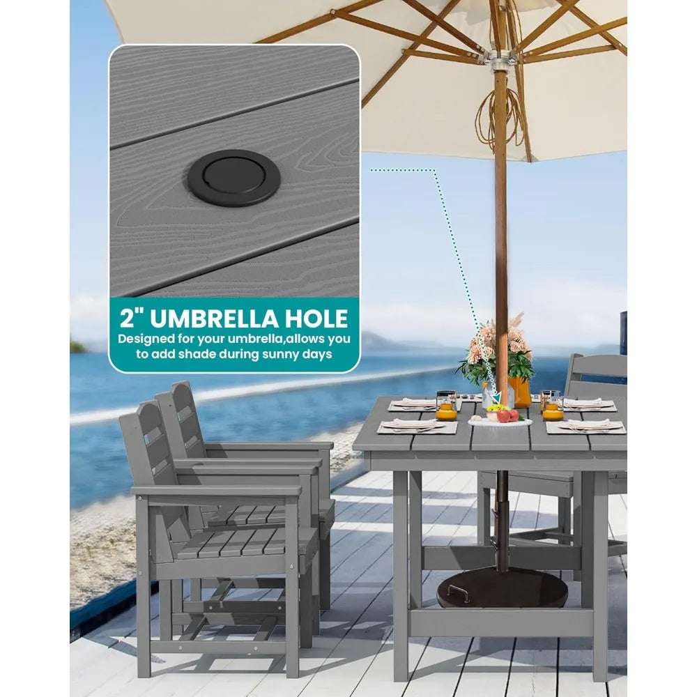 Outdoor Dining Table Set, 7-Piece Outdoor Dining Table Sets with Umbrella Hole Cut-Out Table and 6 Chairs, Gray