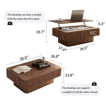 Lift Top Coffee Table For Living Room, Accent Fluted Coffee Table With Storage, Modern Solid Wood Veneered Rectangle Center Tea