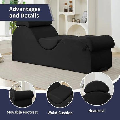 Sleek Chaise Lounge Chair for Exercise/Yoga, Indoor Lounger with Headrest, Waist Cushion, Movable Footrest, Side Pockets, Non-Sl