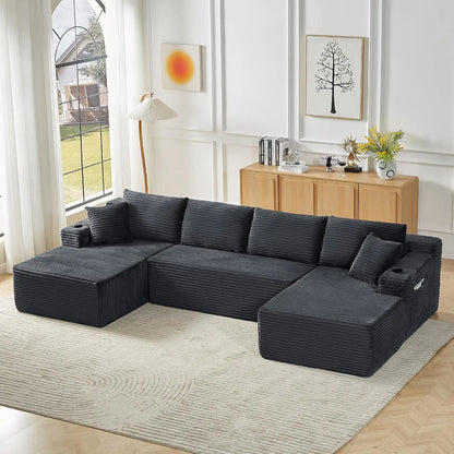 133.5" Black Corduroy Boneless Sectional Couches for Living Room, Oversized Plush U Shaped Cloud Couch Modular Sectional Sofa wi